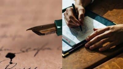 Close-up of a fountain pen writing on paper and hands taking notes on a notepad at a desk.
