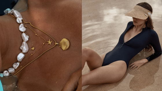 Viewing Deck Blog 1 Trendy beach jewelry and woman in black swimsuit with sun visor on sandy shore. | Sky Rye Design Trendy beach jewelry and woman in black swimsuit with sun visor on sandy shore.