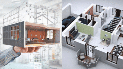 Graphic of a 3D house model and floor plan blueprint, symbolizing architectural and interior design concepts.