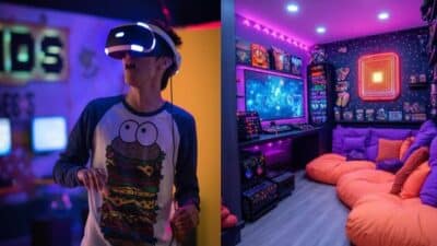 Young man enjoying virtual reality in a colorful gaming room with vibrant lighting and cozy seating.
