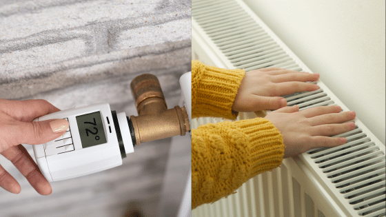 Hands adjusting smart thermostat and warming over radiator for home heating.