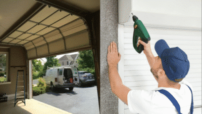 Garage door repair and installation service with a worker using a drill, open garage view, and service van outside.