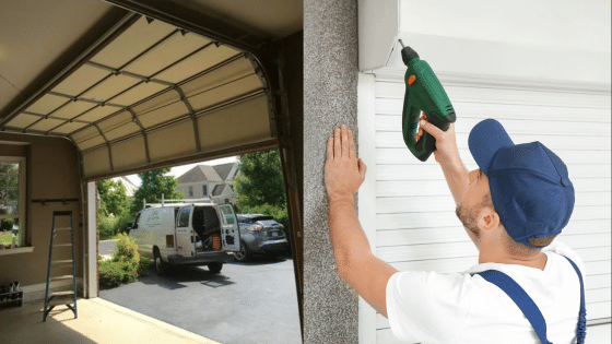 Viewing Deck Blog 1 Garage door repair and installation service with a worker using a drill, open garage view, and service van outside. | Sky Rye Design Garage door repair and installation service with a worker using a drill, open garage view, and service van outside.