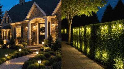 Charming house and garden with night lighting; illuminated path and hedges create a warm, inviting ambiance.
