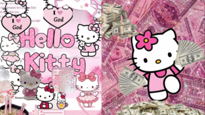Hello Kitty surrounded by pink elements and dollar bills, cheerful design emphasizing cute and whimsical themes.