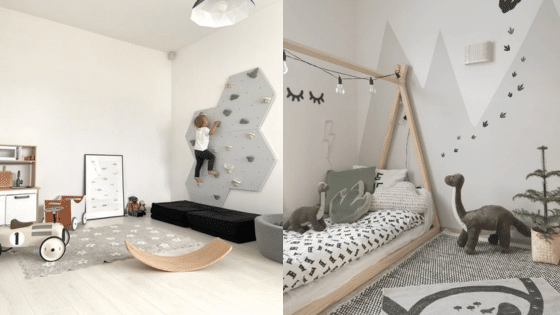 Modern kids' room with climbing wall, wooden toys, and dinosaur-themed decor. Cozy and playful interior design.