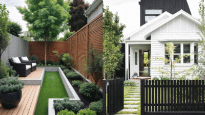 Modern backyard and front yard designs with greenery, wooden deck, and minimalistic house exterior.