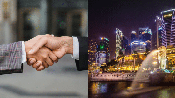Viewing Deck Blog 10 Business handshake and Singapore city skyline at night, symbolizing global partnership and growth. | Sky Rye Design Business handshake and Singapore city skyline at night, symbolizing global partnership and growth.