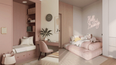 Modern pink children's bedroom with cozy reading nook, built-in desk, and neon Hello Beauty sign.