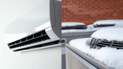 Indoor air conditioner and snow-covered outdoor HVAC units in winter.