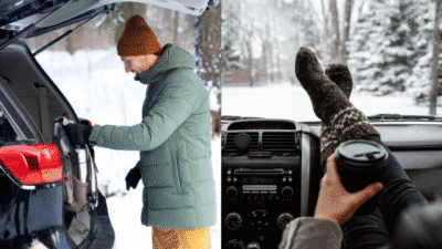 Man loading gear into car in winter, cozy scene with feet up on dashboard and snow outside.