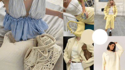 Fashion collage: striped blouse, crochet bag, yellow outfit, and neutral tones, showcasing summer and spring trends.