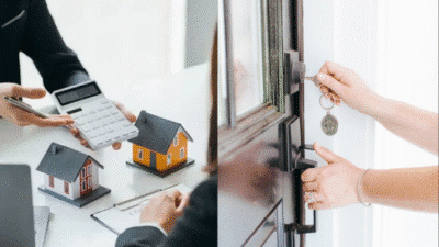 Real estate meeting with model houses and calculator; hand turning a key in the door lock of a new home.