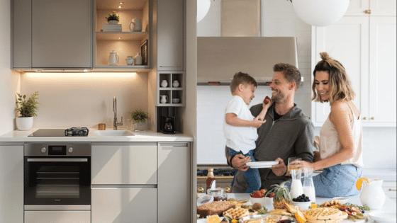 Viewing Deck Blog 13 Modern kitchen design with a family enjoying breakfast, highlighting appliances and warm, inviting decor. | Sky Rye Design Modern kitchen design with a family enjoying breakfast, highlighting appliances and warm, inviting decor.