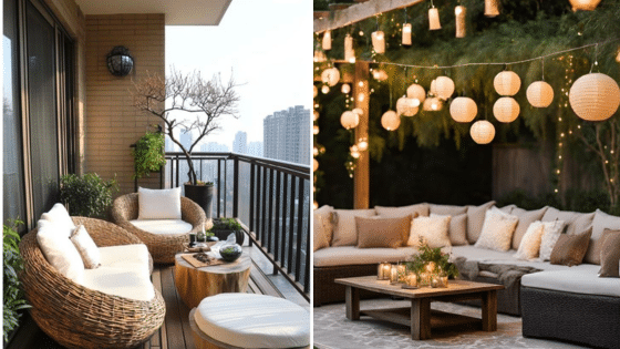 Viewing Deck Blog 14 Elegant outdoor living spaces with cozy seating and ambient lighting on a balcony and garden patio at dusk. | Sky Rye Design Elegant outdoor living spaces with cozy seating and ambient lighting on a balcony and garden patio at dusk.