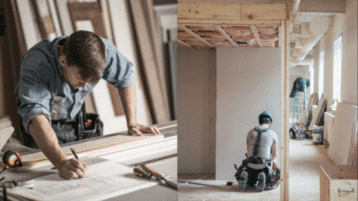Construction team working on building renovation: planning, measuring, and assembling structures indoors.