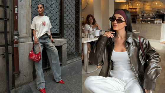 Two fashion-forward women showcasing chic street style outfits with red and brown leather accessories.