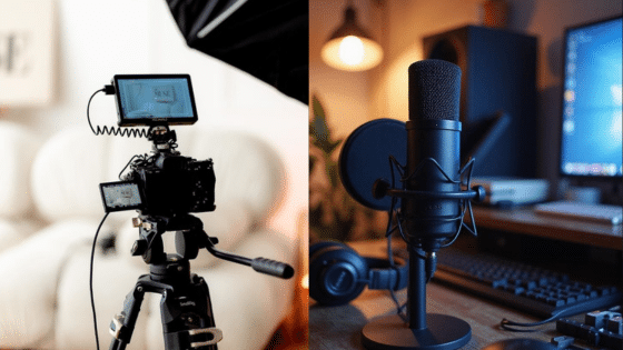 Camera and microphone setup for content creation in a home studio, emphasizing video and audio equipment.
