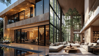Modern luxury home exterior and spacious interior with large windows and elegant decor.