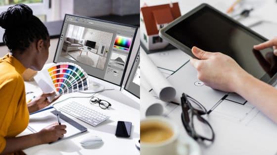 Interior designer using digital tools and color swatches for home renovation project planning on a computer and tablet.
