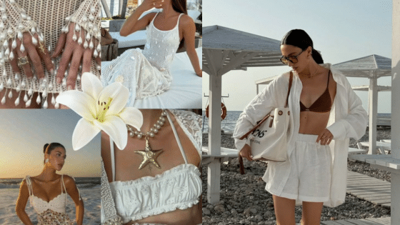 Viewing Deck Blog 2 Summer beach fashion collage featuring white outfits, pearl accessories, and a starfish necklace by the sea. | Sky Rye Design Summer beach fashion collage featuring white outfits, pearl accessories, and a starfish necklace by the sea.