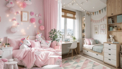 Adorable pink and pastel kids' bedrooms with unicorn decor, cozy beds, and dreamy lighting for a whimsical vibe.