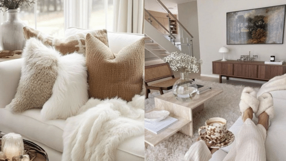 Cozy living room with fluffy pillows, soft blanket, coffee cup, modern decor, and chic furniture for a serene atmosphere.