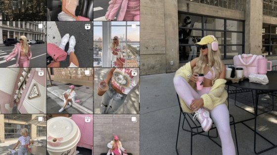 Fashionable woman in pink and yellow outfit sitting outdoors with coffee, pink bag, and headphones, embracing a chic urban vibe.