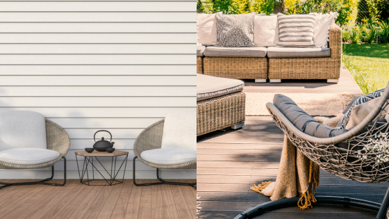 Modern patio featuring stylish wicker furniture and cozy seating areas, perfect for outdoor relaxation and entertaining.