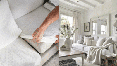 White sofa with cushion covers and cozy living room interior, neutral tones, elegant decor, and light curtains.