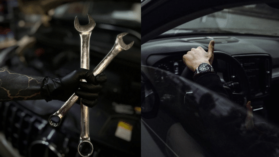 Viewing Deck Blog 2 Mechanic holding wrenches near car engine; driver with watch gripping steering wheel. Auto repair and driving theme. | Sky Rye Design Mechanic holding wrenches near car engine; driver with watch gripping steering wheel. Auto repair and driving theme.