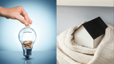 Hand saving coins in a lightbulb piggy bank and a model house wrapped in a cozy blanket, symbolizing energy savings.