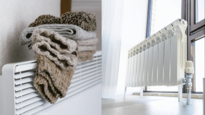 Wool socks drying on a radiator heater, highlighting home warmth and comfort.