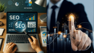 SEO strategy concept with diagrams and charts on laptop, magnifying glass, and upward graph indicating growth trends.