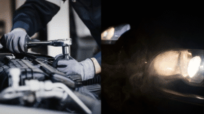 Mechanic working on car engine and illuminated car headlights in the dark, depicting auto repair and maintenance.