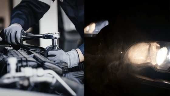 Viewing Deck Blog 2 Mechanic working on car engine and illuminated car headlights in the dark, depicting auto repair and maintenance. | Sky Rye Design Mechanic working on car engine and illuminated car headlights in the dark, depicting auto repair and maintenance.