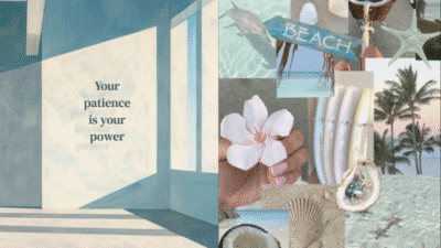 Collage of beach-themed images with quote Your patience is your power in a serene blue setting.