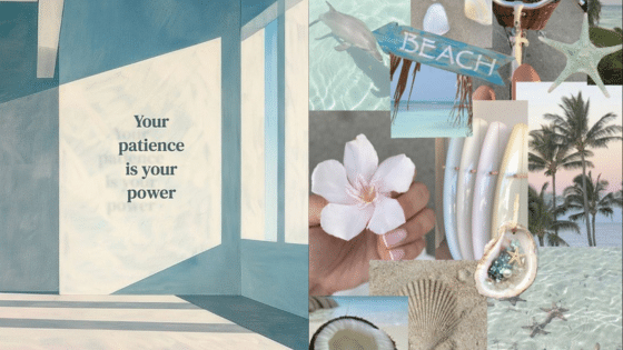 Viewing Deck Blog 2 Collage of beach-themed images with quote Your patience is your power in a serene blue setting. | Sky Rye Design Collage of beach-themed images with quote Your patience is your power in a serene blue setting.
