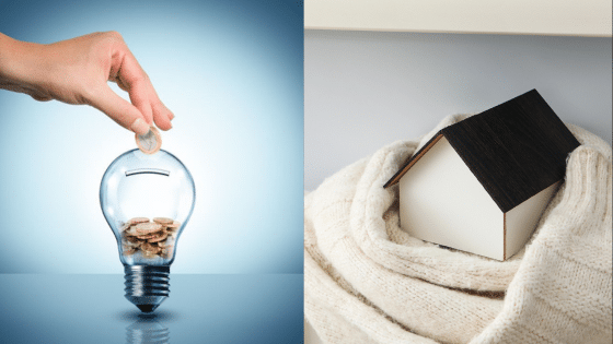 Viewing Deck Blog 2 Hand saving coins in a lightbulb piggy bank and a model house wrapped in a cozy blanket, symbolizing energy savings. | Sky Rye Design Hand saving coins in a lightbulb piggy bank and a model house wrapped in a cozy blanket, symbolizing energy savings.