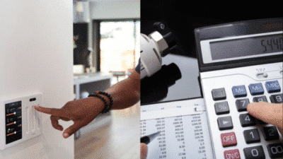 Person adjusting smart thermostat and calculating energy savings on calculator.