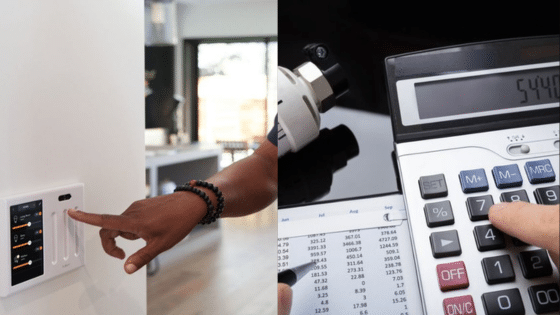 Viewing Deck Blog 20 Person adjusting smart thermostat and calculating energy savings on calculator. | Sky Rye Design Person adjusting smart thermostat and calculating energy savings on calculator.