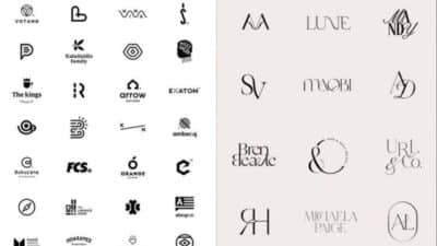 Collection of minimalist and modern logo designs in black and white, showcasing diverse typography styles.