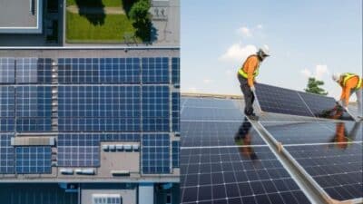 Array of solar panels on rooftops with workers installing them under clear blue skies.