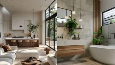 Modern open kitchen and bathroom design featuring natural light, minimalist decor, and earthy tones for a cozy ambiance.