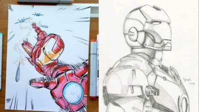 Dynamic sketches of a superhero in action pose and side profile on a wooden desk with art markers.