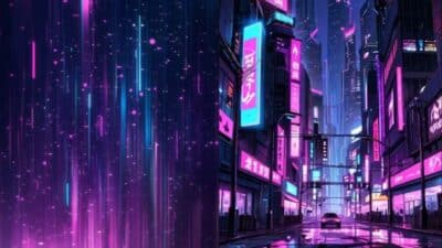 Futuristic neon-lit cityscape with digital rain effect, showcasing vibrant purple and blue tones in a nighttime setting.