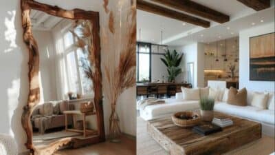 Rustic-modern living room with a large wooden mirror and cozy seating area, featuring natural accents and wooden beams.