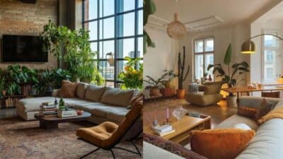 Modern living rooms with lush plants, cozy sofas, and large windows, creating a warm and inviting atmosphere.