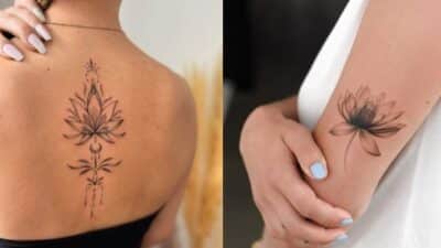 Elegant lotus flower tattoos on woman's back and arm, showcasing intricate design and delicate shading.