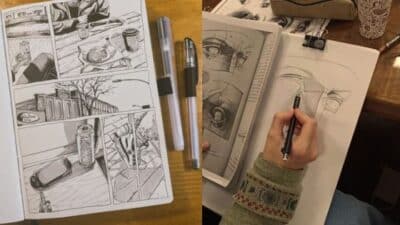 Artist sketching detailed comics and eye illustrations with pens on a wooden table.